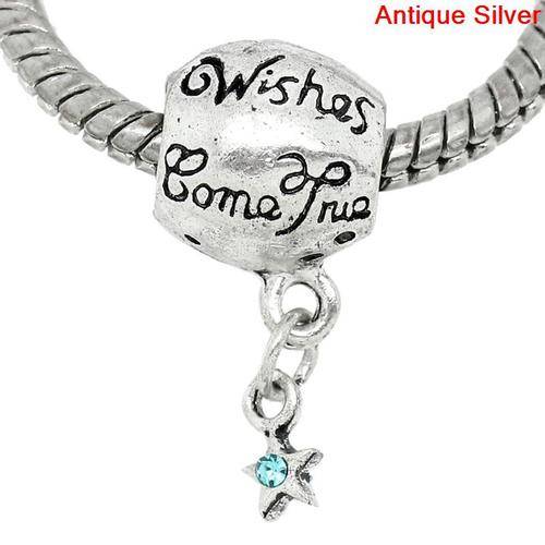 EUROPEAN STYLE - ANTIQUE SILVER - BARREL - STAR & BLUE RHINESTONE - DANGLE CHARM - 10mm x 23mm