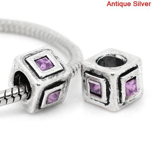 EUROPEAN STYLE - ANTIQUE SILVER - CUBE - CHARM BEADS - LILAC RHINESTONE - 11 x11mm