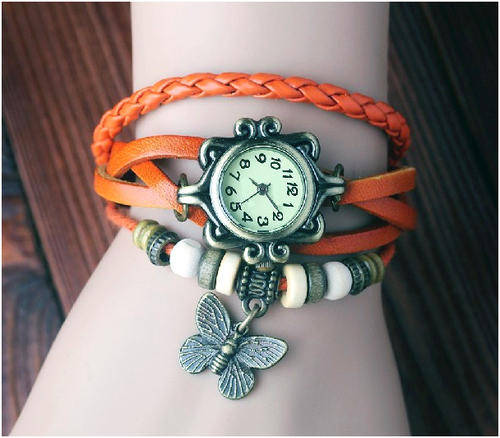 WATCH - GENUINE LEATHER - BRAIDED STRAP - VINTAGE BUTTERFLY - TAN