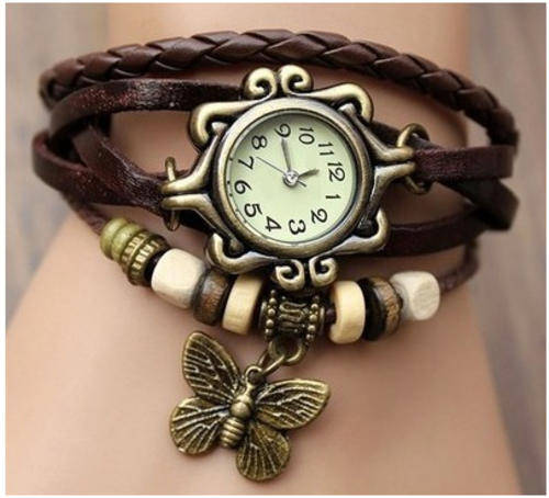 WATCH - GENUINE LEATHER - BRAIDED STRAP - VINTAGE BUTTERFLY - BROWN