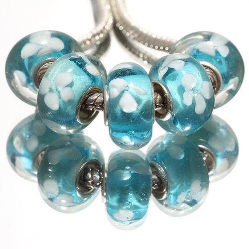 EUROPEAN STYLE - 925 SILVER CORE - GLASS BEADS - CLEAR, SEA BLUE WITH WHITE INNER FLOWER