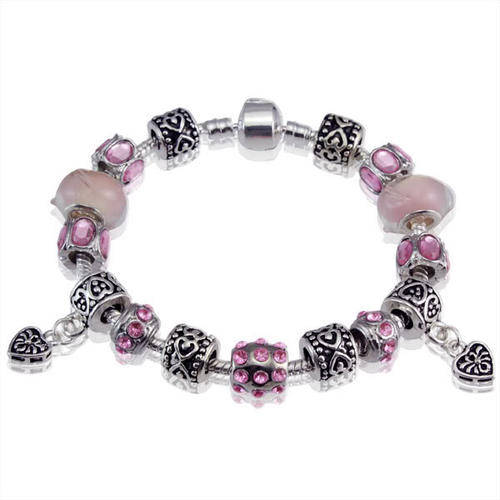 PANDORA STYLE BRACELET - COMPLETE - 925 SILVER STAMPED - ANTIQUE SILVER & PINK CRYSTAL BEADS - 20cm