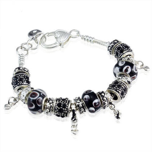 PANDORA STYLE BRACELETS - COMPLETE - ANTIQUE SILVER, BLACK CRYSTAL - 20cm