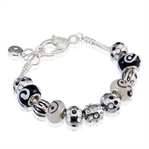 BRACELETS - EUROPEAN - SNAKE CHAIN - 20cm - COMPLETE - SILVER, BLACK AND WHITE CRYSTAL