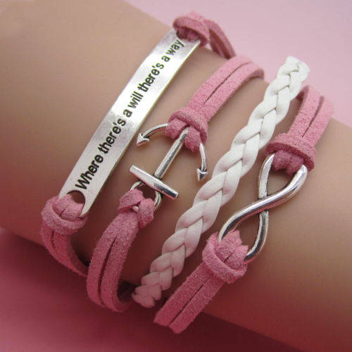 INFINITY SILVER, PINK AND WHITE - 4 IN 1 ANCHOR AND " WILL" - LEATHER & SUEDE BRACELET