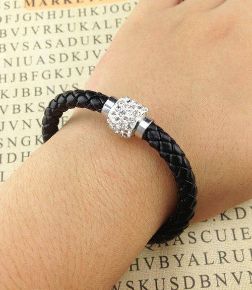 LEATHER WRAP - BLACK WRISTBAND WITH CLEAR RHINESTONE MAGNETIC CLASP BRACELET
