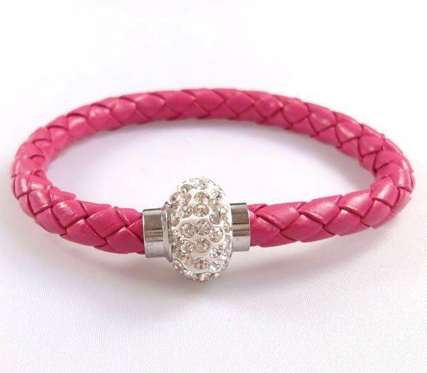 LEATHER WRAP - ROSE WRISTBAND WITH CLEAR RHINESTONE MAGNETIC CLASP BRACELET