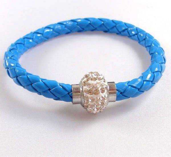 LEATHER WRAP - BLUE WRISTBAND WITH CLEAR RHINESTONE MAGNETIC CLASP BRACELET