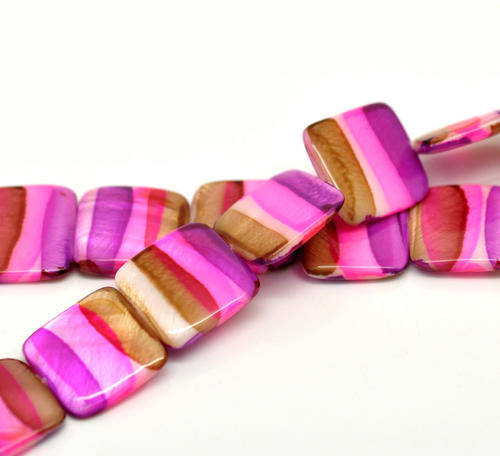 SHELL BEADS - LILAC, HOT PINK AND BROWN - MULTICOLOR - STRIPES - SQUARE - 20x20mm