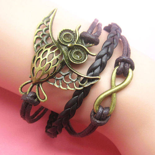 INFINITY ANTIQUE BRONZE & COFFEE - 3 IN 1 VINTAGE OWL - LEATHER BRACELET