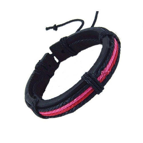 BRACELETS - GENUINE LEATHER & HEMP - HAND MADE MULTI LAYER WRISTBAND - BLACK, RED & ROSE