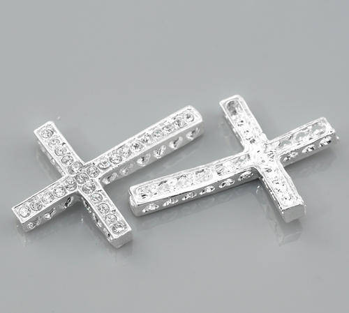 CONNECTORS - SILVER PLATED - RHINESTONE CROSS - 36x25mm