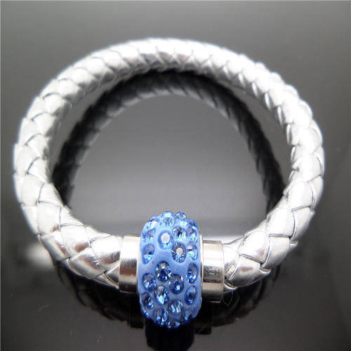 LEATHER WRAP - SILVER WRISTBAND WITH SKY BLUE RHINESTONE MAGNETIC CLASP BRACELET