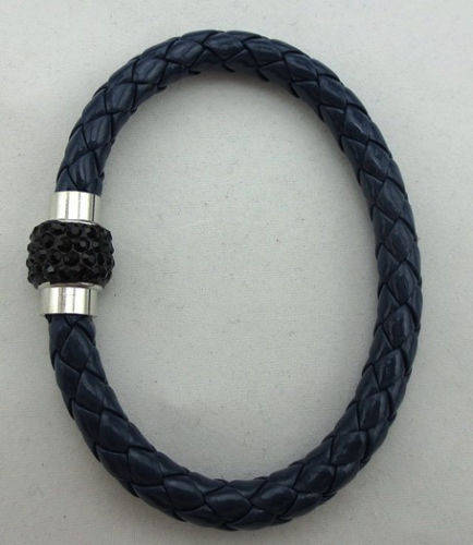 LEATHER WRAP - INK BLUE WRISTBAND WITH BLACK RHINESTONE MAGNETIC CLASP BRACELET