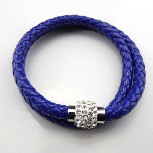 LEATHER WRAP - DOUBLE - ROYAL BLUE WRISTBAND WITH CLEAR RHINESTONE MAGNETIC CLASP BRACELET