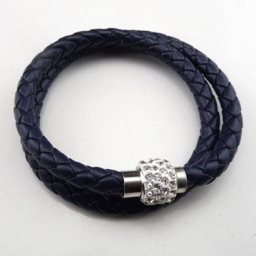 LEATHER WRAP - DOUBLE - INK BLUE WRISTBAND WITH CLEAR RHINESTONE MAGNETIC CLASP BRACELET