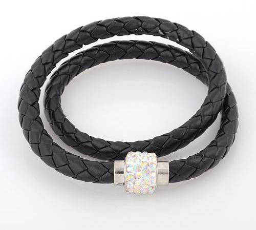 BRACELETS - LEATHER WRAP - DOUBLE - BLACK WRISTBAND WITH CLEAR RHINESTONE MAGNETIC CLASP BRACELET