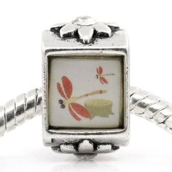 EUROPEAN STYLE - RECTANGLE - ANTIQUE SILVER -  DRAGONFLY DECAL - BEADS - 9.50x15.50x8.50mm