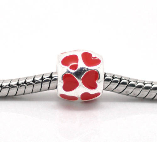 PANDORA STYLE - DRUM - ANTIQUE SILVER - RED - ENAMEL HEART - SPACER BEADS