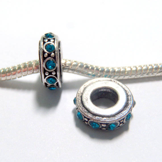 EUROPEAN STYLE - DONUT - ANTIQUE SILVER - SPACER BEADS WITH BLUE RHINESTONES