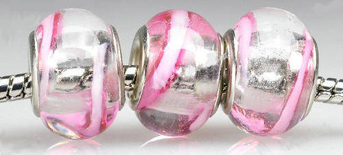 PANDORA STYLE 925 SILVER MURANO GLASS BEADS - CLEAR WITH PINK AND WHITE STRIPES