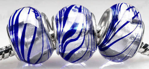 PANDORA STYLE 925 SILVER MURANO GLASS BEADS - CLEAR WITH ROYAL BLUE STRIPES