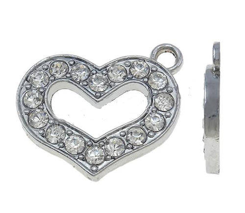 CHARM PENDANTS - PLATINUM COLOR PLATED - HEARTS - CLEAR RHINESTONES - 26x22x3mm