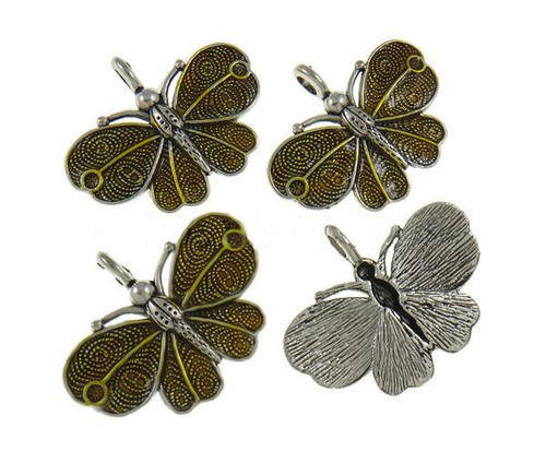 PENDANTS - ANTIQUE SILVER - GOLD ENAMEL - BUTTERFLY - 41x32x6.50mm