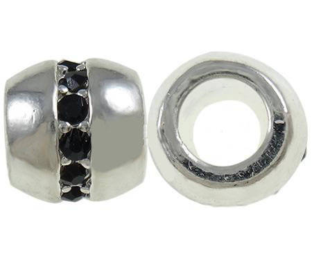 EUROPEAN STYLE - ANTIQUE SILVER - BARREL SPACER BEADS WITH BLACK CZ CRYSTALS
