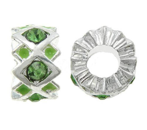 PANDORA STYLE - SILVER - RONDELLE BEADS - GREEN RHINESTONES