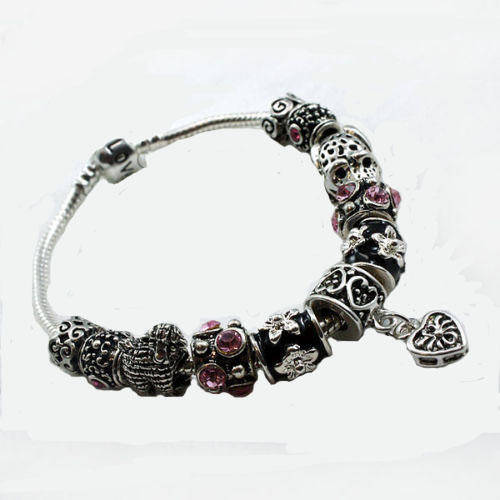BRACELET - SILVER - PANDORA STYLE - COMPLETE - ANTIQUE SILVER - BLACK & PINK