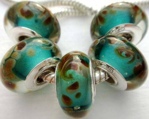 EUROPEAN STYLE - 925 SILVER CORE - UNIQUE - SEASCAPE - MURANO GLASS BEADS - TURQUOISE AND BROWN