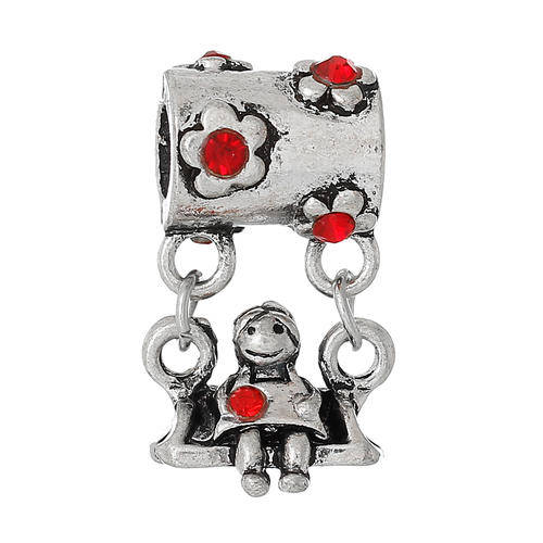 EUROPEAN STYLE - ANTIQUE SILVER - RED RHINESTONES - GIRL ON A SWING - DANGLE CHARMS