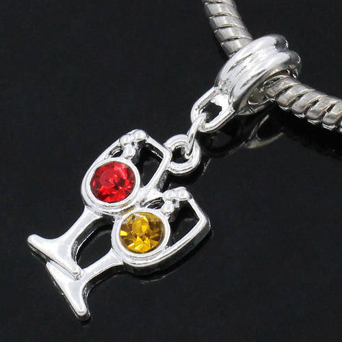 EUROPEAN STYLE - SILVER - RED AND YELLOW RHINESTONES - WINE GLASSES - DANGLE CHARMS