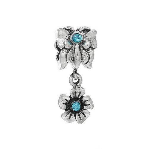 EUROPEAN STYLE - ANTIQUE SILVER - SKY BLUE RHINESTONES - BUTTERFLY AND FLOWER - DANGLE CHARMS