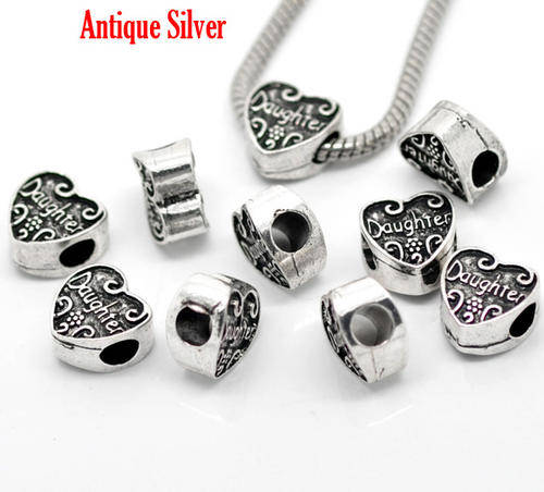 EUROPEAN STYLE - ANTIQUE SILVER - "DAUGHTER" - HEART CHARM SPACER BEADS