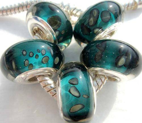 EUROPEAN STYLE - 925 SILVER CORE - UNIQUE - MURANO GLASS BEADS - CLEAR SEA GREEN WITH GREY SPOTS