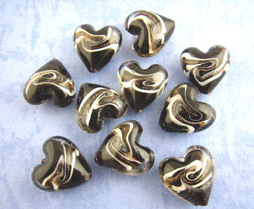 GLASS BEADS - HEARTS - LAMPWORK FOIL GLASS - BLACK - 20mm