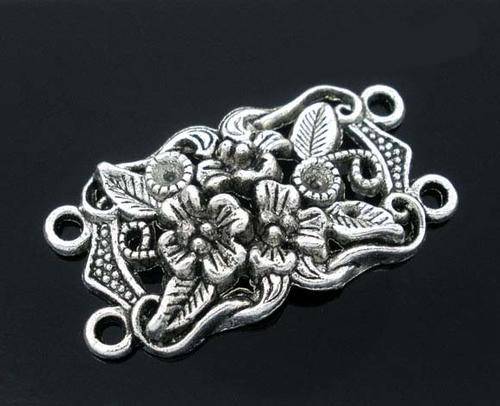 CONNECTORS - SILVER - 4 HOLE - FLORAL - 36x19x3mm