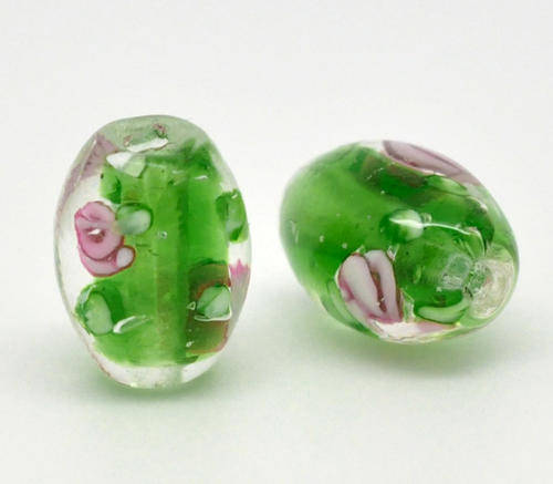 GLASS -  LAMPWORK BEADS - LOOSE - OVAL - CLEAR LIGHT GREEN WITH PINK INNER ROSE - 14x10mm
