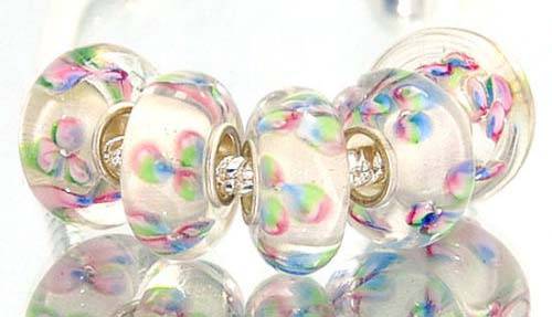 EUROPEAN STYLE - 925 SILVER CORE - MURANO GLASS BEADS - CLEAR, PINK AND BLUE INNER FLOWERS