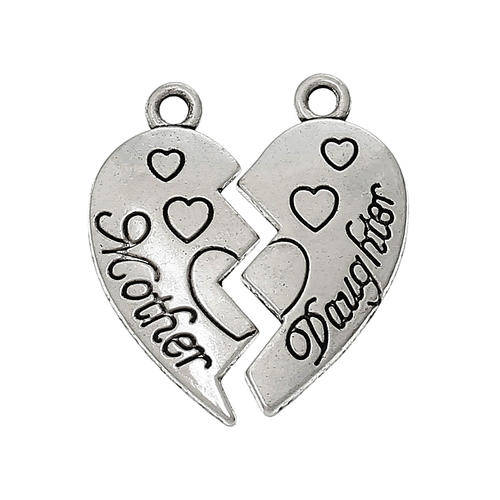 CHARMS -  ANTIQUE SILVER - HEART - "MOTHER DAUGHTER" - SOLD PER SET - 24mm x 11mm 24mm x 12mm