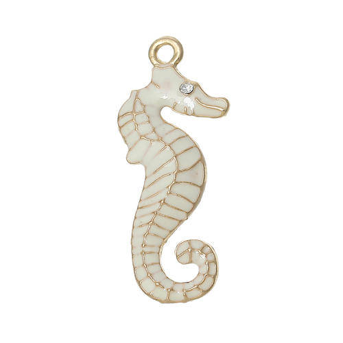Seahorse Charms Gold Plated White Enamel Clear Rhinestones