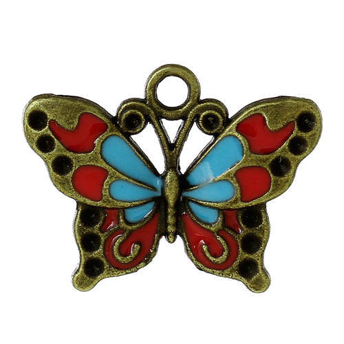 CHARMS - BUTTERFLY - ANTIQUE BRONZE AND ENAMEL - PENDANTS - 25mm x 19mm