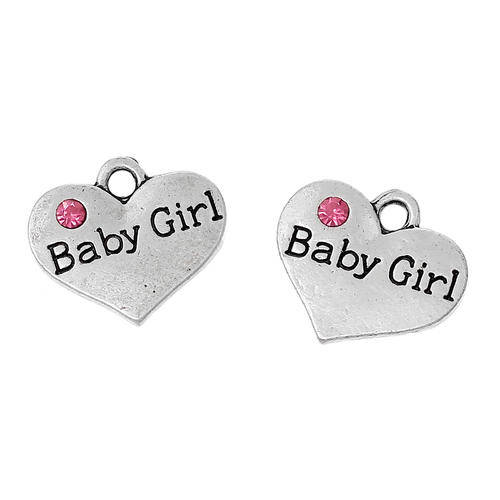 CHARMS - BABY GIRL - ANTIQUE SILVER - PINK RHINESTONE