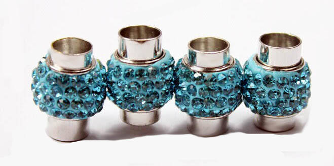 MAGNETIC CORD END CLASPS WITH AQUA BLUE CRYSTAL RHINESTONES - FITS 7mm CORDS