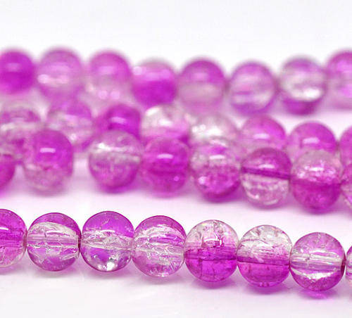 GLASS BEADS - LOOSE - ROUND - ROSE FUCHSIA AND CLEAR CRACKLE - 10mm - 50 PCS