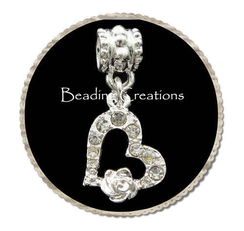 EUROPEAN STYLE - SILVER - HEART WITH RHINESTONE AND ROSE - DANGLE CHARMS