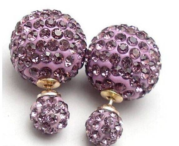 EARRINGS - SILVER SHAMBALLA LILAC RHINESTONE DOUBLE BALL STUD