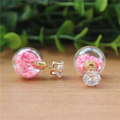 EARRINGS - CLEAR GLASS BALL DOUBLE SIDED STUD - STARS BABY PINK